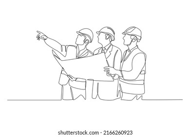 Continuous one line drawing engineering team checking construction plan in work area  Road   building construction concept  Single line draw design vector graphic illustration 