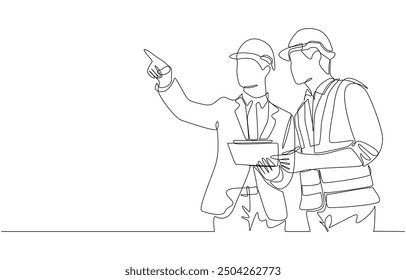 Continuous one line drawing of engineering manager discussing construction design with construction foreman, construction project concept, single line art.