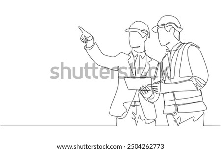 Continuous one line drawing of engineering manager discussing construction design with construction foreman, construction project concept, single line art.