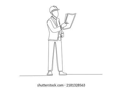 Ingenieros continuos de dibujo de una línea con sombreros duros sosteniendo y leyendo un plano. Concepto del día de la ingeniería. Ilustración gráfica vectorial de diseño de líneas simples.