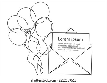 Continuous one line drawing of Envelope with balloons. Birthday celebration concept isolated on white background. Hand drawn design vector illustration