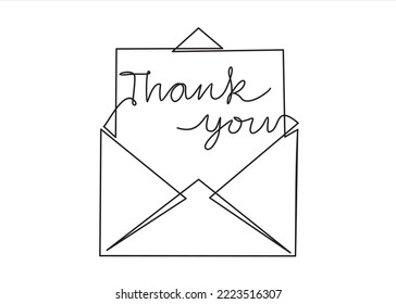 Continuous one line drawing of envelope with inscription"Thank you".Mail icon concept. Concept of Happy thanks day. Continuous one line drawing. 