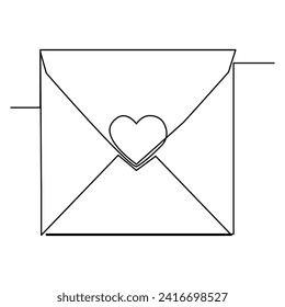 Continuous one line drawing of envelope with heart. Template for love cards and invitations. Love letter. Vector illustration.