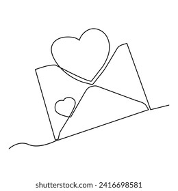 Continuous one line drawing of envelope with heart. Template for love cards and invitations. Love letter. Vector illustration.