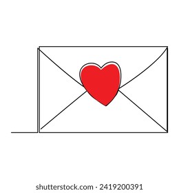 Continuous one line drawing of envelope with heart. Template for love cards and invitations. Love letter. Vector illustration.