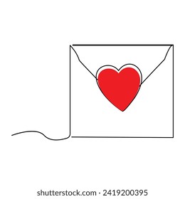 Continuous one line drawing of envelope with heart. Template for love cards and invitations. Love letter. Vector illustration.