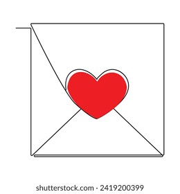 Continuous one line drawing of envelope with heart. Template for love cards and invitations. Love letter. Vector illustration.