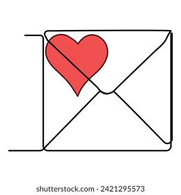 Continuous one line drawing of envelope with heart. Template for love cards and invitations. Love letter. Vector illustration.
