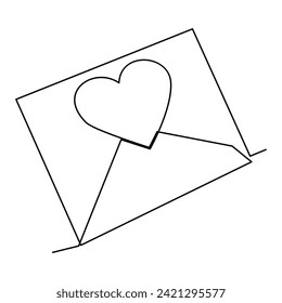 Continuous one line drawing of envelope with heart. Template for love cards and invitations. Love letter. Vector illustration.

