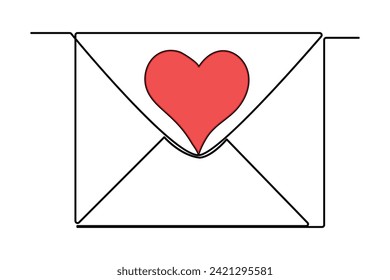 Continuous one line drawing of envelope with heart. Template for love cards and invitations. Love letter. Vector illustration.
