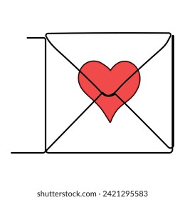 Continuous one line drawing of envelope with heart. Template for love cards and invitations. Love letter. Vector illustration.
