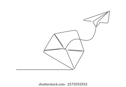 Continuous one line drawing of envelope mail with airplane paper, Drawing of continuous editable one line flying paper airplane and mail. Concept of sending emails for business.