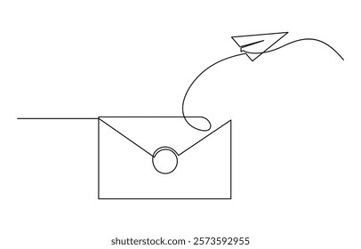 Continuous one line drawing of envelope mail with airplane paper, Drawing of continuous editable one line flying paper airplane and mail. Concept of sending emails for business.