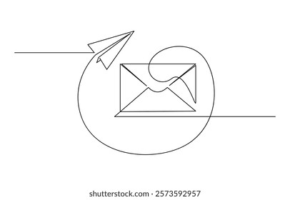Continuous one line drawing of envelope mail with airplane paper, Drawing of continuous editable one line flying paper airplane and mail. Concept of sending emails for business.