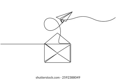 Continuous one line drawing of envelope mail with airplane paper, Continuous single line sketch drawing of envelope mail with flying paper plane sending letter and email message concept.