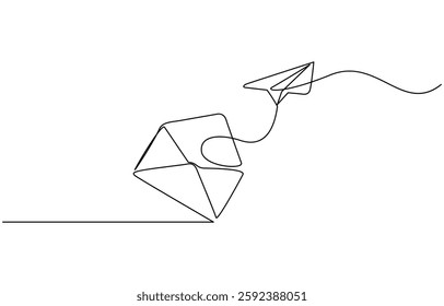 Continuous one line drawing of envelope mail with airplane paper, Continuous single line sketch drawing of envelope mail with flying paper plane sending letter and email message concept.