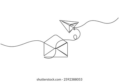 Continuous one line drawing of envelope mail with airplane paper, Continuous single line sketch drawing of envelope mail with flying paper plane sending letter and email message concept.