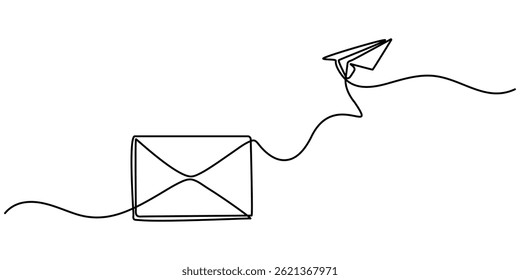 Continuous one line drawing of envelope mail with airplane paper, Drawing of continuous editable one line flying paper airplane and mail. Concept of sending emails for business.