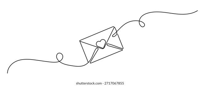 Dibujo continuo de una línea de sobre con corazón. Plantilla para tarjetas de amor e invitaciones. Carta de amor. Ilustración vectorial. Trazo editable