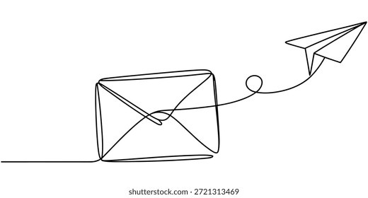 Continuous one line drawing of envelope mail with paper airplane, Envelope mail with flying paper plane sending letter and email message concept vector illustration