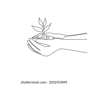 Un entorno continuo de dibujo de una línea en el día de la tierra en manos de árboles cultivando plántulas. Árbol de mano sobre el concepto de conservación de bosques de hierba de campo natural. Gráfico vectorial de diseño de trazos de línea única