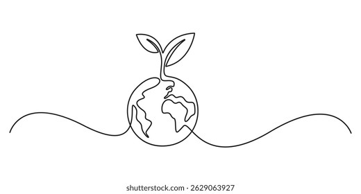 Continuous one line drawing of Environmental protection icon. World Environment Day concept growth, global, planet earth, environmental issues, single line drawing vector illustration
