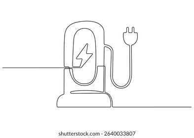 Continuous one line drawing of EV Charging Station. Single line drawing illustration of A modern electrical fast charger. Energy power of future concept vector art. Doodle line illustration.