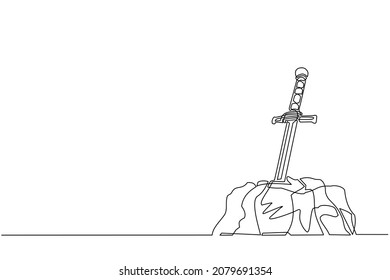 Continuous one line drawing Excalibur sword stuck or trapped in stone. Iconic scene from medieval European stories about King Arthur. Antique blade stuck in stone rock. Single line draw design vector
