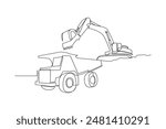 Continuous one line drawing an excavator is loading material using a heavy dump truck in mining. Woman digging and mining for treasure chest in underground tunnel. Single line draw design vector