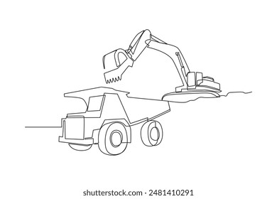 El dibujo continuo de una línea de una excavadora es la carga de material utilizando un camión de descarga pesada en la minería. Mujer excavando y minando para cofre del tesoro en túnel subterráneo. Vector de diseño de dibujo de línea única