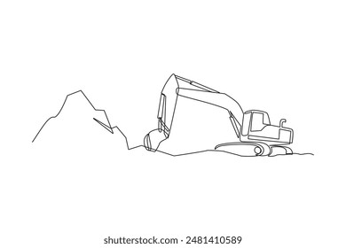 Una línea continua dibujando una excavadora utilizada en el proceso de minería. Mujer excavando y minando para cofre del tesoro en túnel subterráneo. Vector de diseño de dibujo de línea única