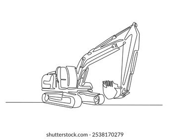 Continuous one line drawing of excavator. Heavy Construction Equipment single line art vector illustration. Editable vector. 

