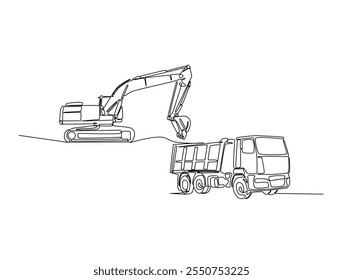 Dibujo continuo de una línea de excavadora y camión de volteo. La excavadora está cargando material en la Ilustración vectorial de extracción de línea de descarga pesada. Vector editable. 