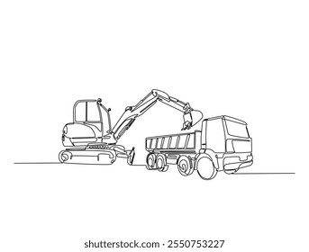 Dibujo continuo de una línea de excavadora y camión de volteo. La excavadora está cargando material en la Ilustración vectorial de extracción de línea de descarga pesada. Vector editable. 