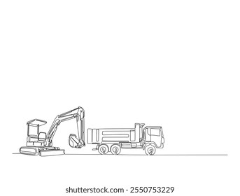 Dibujo continuo de una línea de excavadora y camión de volteo. La excavadora está cargando material en la Ilustración vectorial de extracción de línea de descarga pesada. Vector editable. 