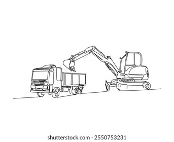 Dibujo continuo de una línea de excavadora y camión de volteo. La excavadora está cargando material en la Ilustración vectorial de extracción de línea de descarga pesada. Vector editable. 