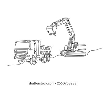 Dibujo continuo de una línea de excavadora y camión de volteo. La excavadora está cargando material en la Ilustración vectorial de extracción de línea de descarga pesada. Vector editable. 