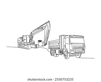 Dibujo continuo de una línea de excavadora y camión de volteo. La excavadora está cargando material en la Ilustración vectorial de extracción de línea de descarga pesada. Vector editable. 