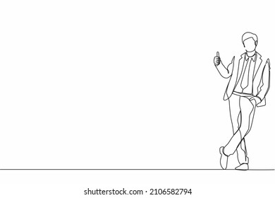 Continuous one line drawing excited businessman dressed in formal wear showing thumbs up sign and leaning against the wall. Deal, like, agree, approve, accept. Single line draw design vector graphic