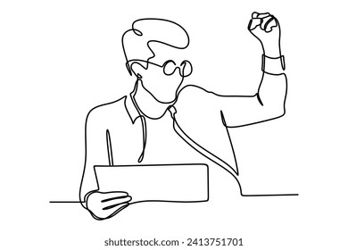 contínuo dibujo de una línea de un hombre emocionado celebrando el éxito de negocios y haciendo un sonriente gesto de ganador. ilustración vectorial