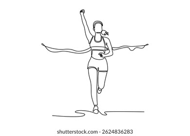 Continuous one line drawing excited female athlete with arms raised reaching the finish line at track field during marathon outdoors. Sports and motivation. Single line draw design vector illustration