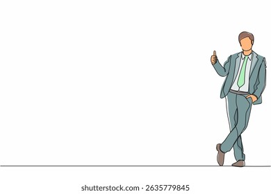 Continuous one line drawing excited businessman dressed in formal wear showing thumbs up sign and leaning against the wall. Deal, like, agree, approve, accept. Single line draw design vector graphic