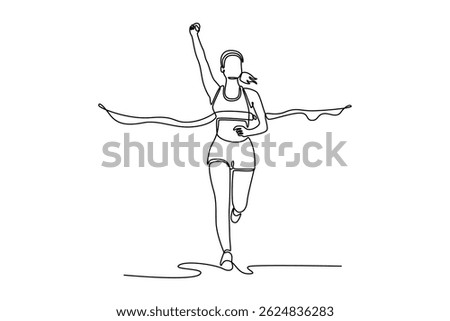 Continuous one line drawing excited female athlete with arms raised reaching the finish line at track field during marathon outdoors. Sports and motivation. Single line draw design vector illustration