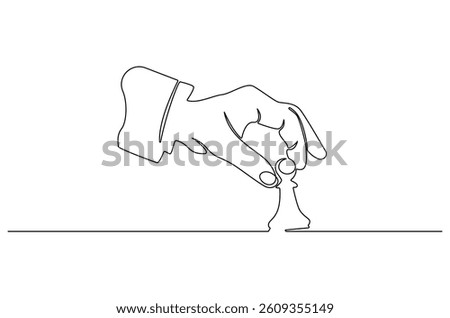 Continuous one line drawing of Execution chess piece. Single line drawing illustration of Hand holding chess. Development strategy in entrepreneurship concept vector art. Doodle line illustration.