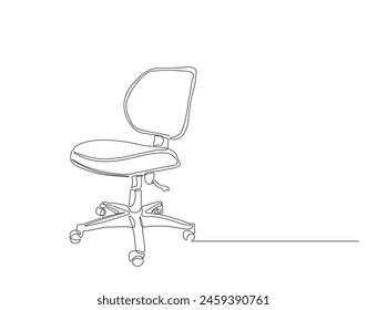 Continuous one line drawing of executive office chair. One line drawing illustration of office armchair. Office interior concept continuous line art. Editable outline.
