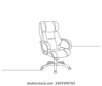 Continuous one line drawing of executive office chair. One line drawing illustration of office armchair. Office interior concept continuous line art. Editable outline.
