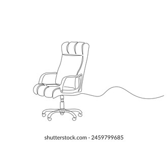 Continuous one line drawing of executive office chair. One line drawing illustration of office armchair. Office interior concept continuous line art. Editable outline.
