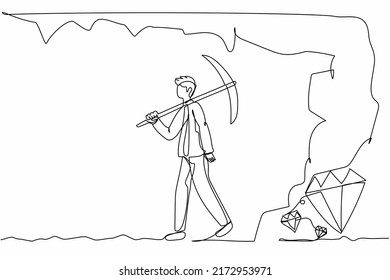 Continuous one line drawing exhausted businessman give up before reach diamonds. Worker stop digging with pickaxe, not knowing precious diamond almost revealed. Single line design vector illustration
