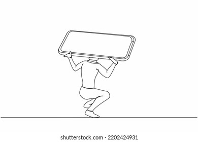 Continuo dibujo de una línea de un agotado hombre de negocios con un pesado smartphone en la espalda. Depresión, fatiga, estrés mental, frustración por exceso de trabajo. Ilustración vectorial de diseño de líneas simples