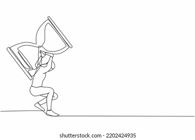 Continuous one line drawing exhausted businessman carrying heavy hourglass on his back. Office employee with deadline problem. Schedule of business task. Single line design vector graphic illustration